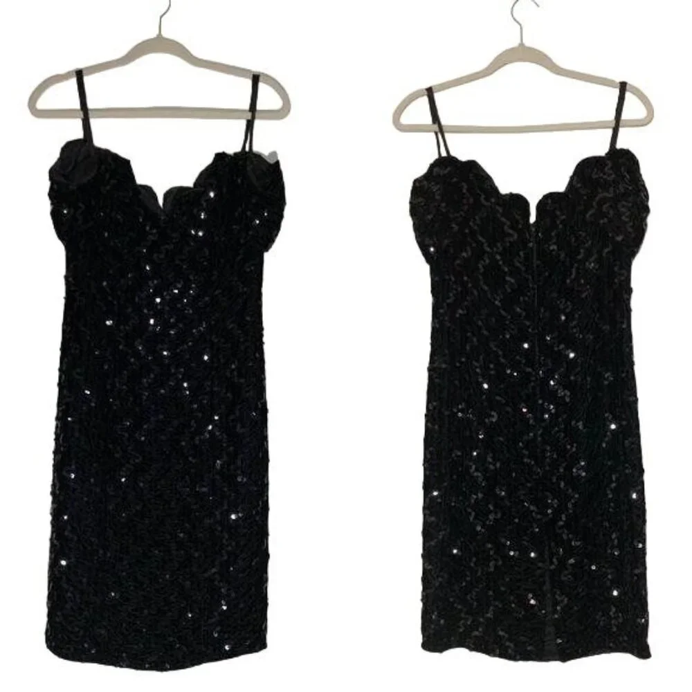 Vintage Zum Zum Black Dress Size Small Velvet Sequin Metallic Short Sleeves